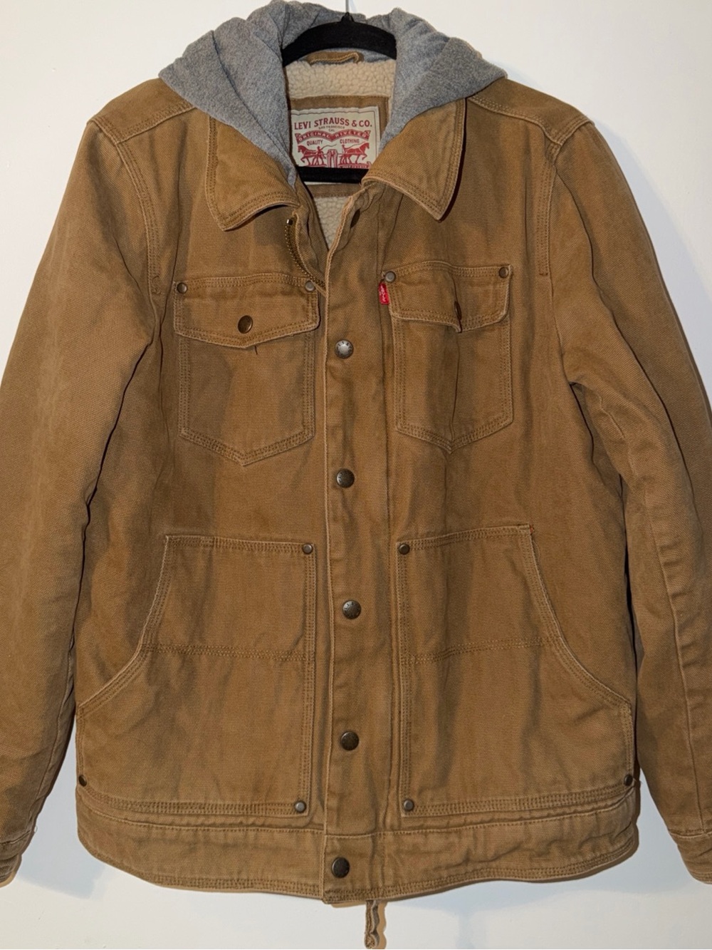 Levi's Tan Canvas Bomber Jacket with Gray Hood S